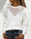 Contrast Lace Hollow-out Ruffles Long Sleeve Sweatshirt Casual Loose Fit Top