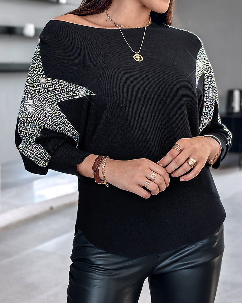 Pullover Knit Sweaters Crewneck Batwing Sleeve Rhinestone Star Pattern Top