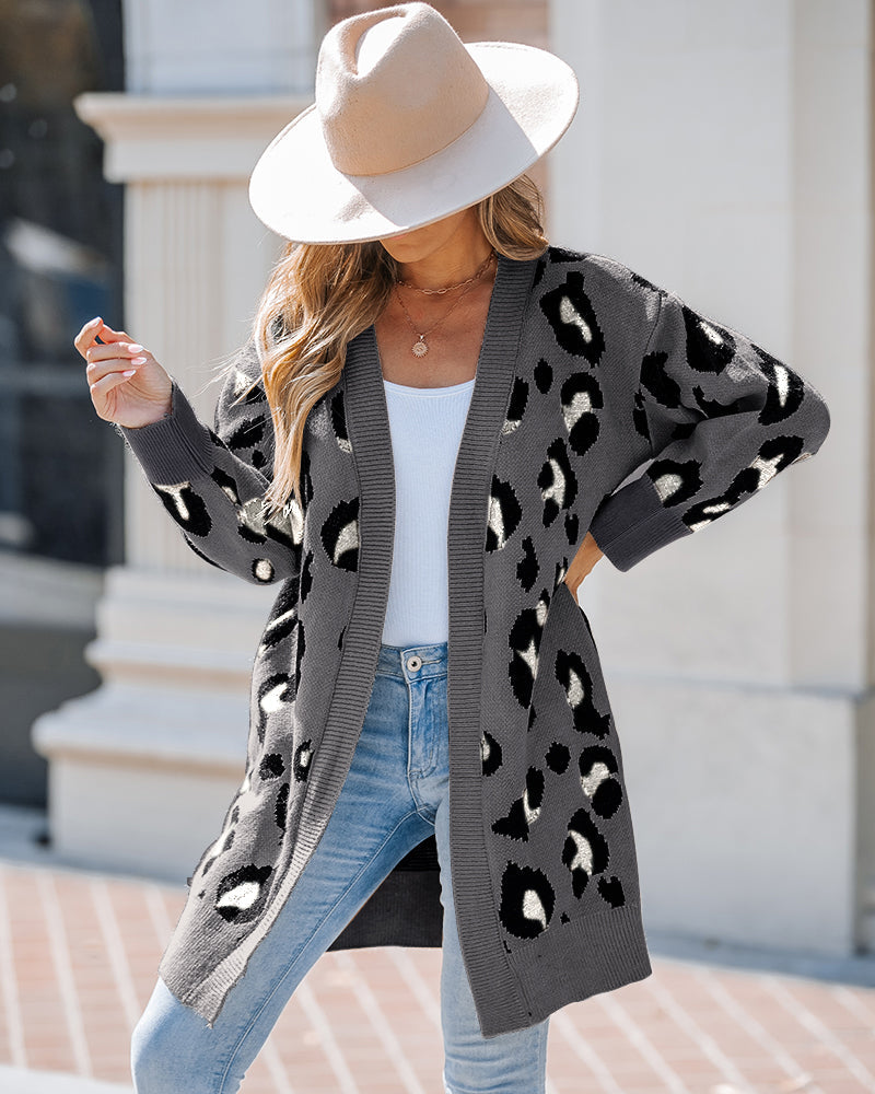 Leopard Pattern Longline Knit Cardigan Open Front Sweater
