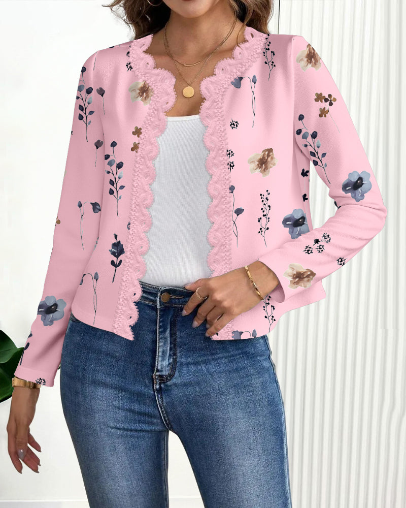 Floral Print Open Front Long Sleeve Casual Contrast Lace Short Cardigan