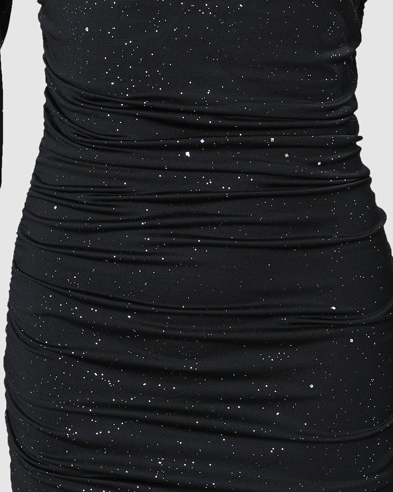 Rhinestone Decor Cold Shoulder Glitter Bodycon Dress
