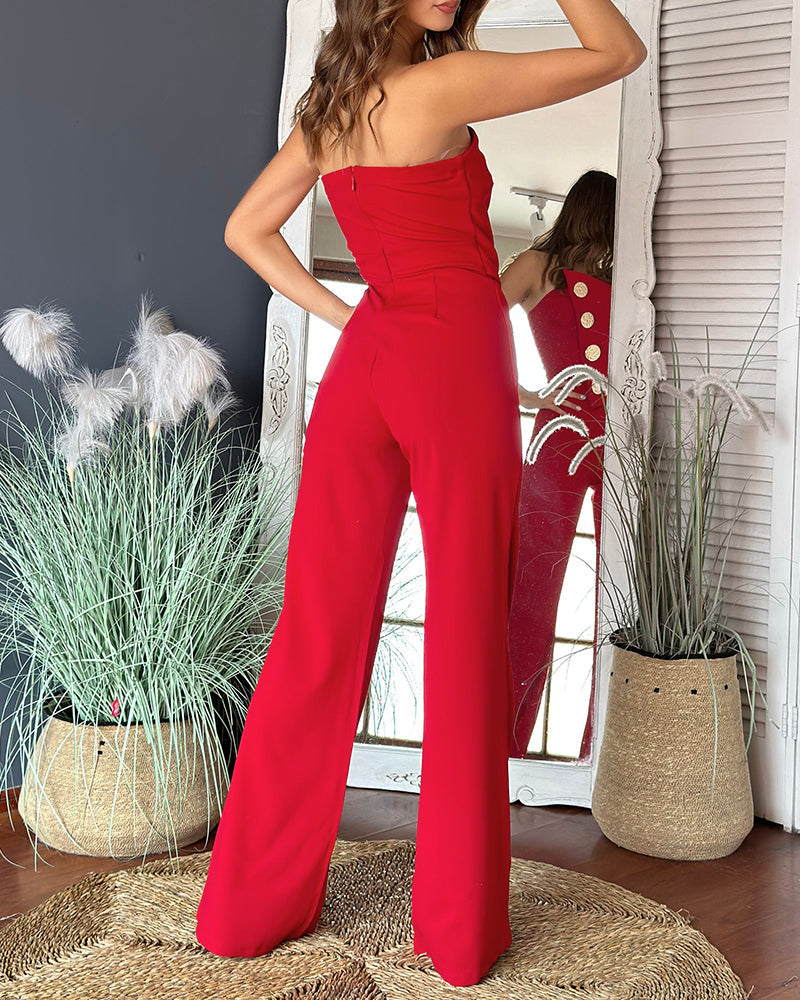 Asymmetrical Bandeau Strapless Jumpsuit Metal Button Decor Casual Overalls