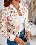 Floral Print Zip Up Water-Soluble Lace Baseball Coat Casual Hollow-out Bomber Crop Jacket