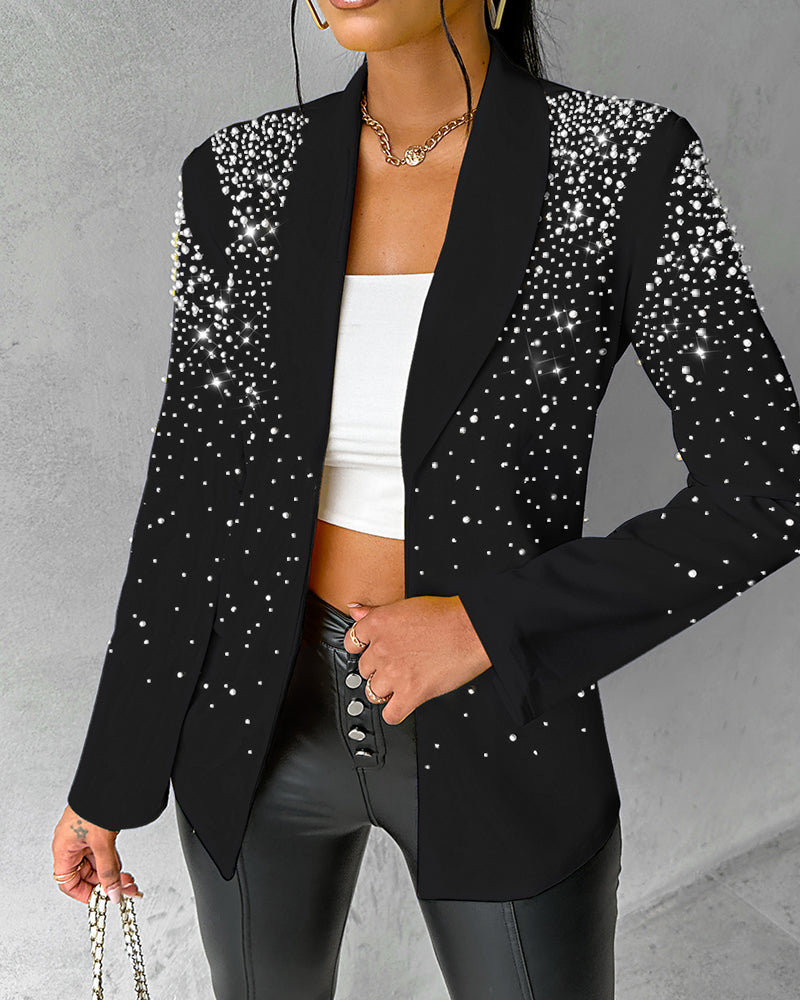 Rhinestone & Pearls Decor Shawl Collar Long Sleeve Blazer Coat