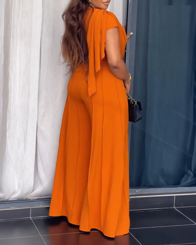 Asymmetrical Neck Short Sleeve Ruched Draped Zipper Back Overalls Casual Seam Design Wide Leg Jumpsuit