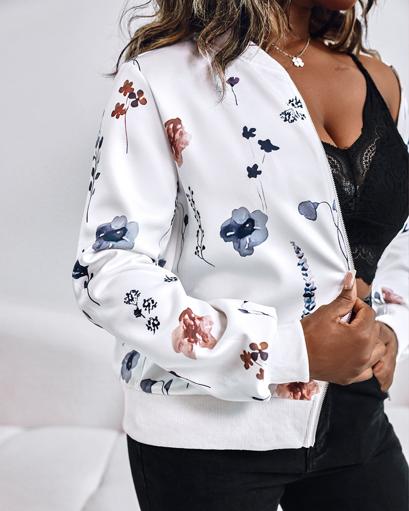 Plants Print Long Sleeve Casual Zipper Baseball Coat