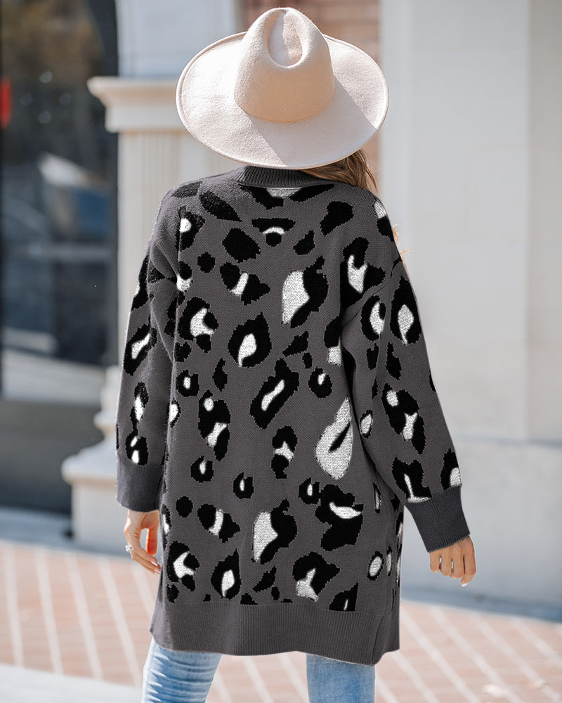 Leopard Pattern Longline Knit Cardigan Open Front Sweater