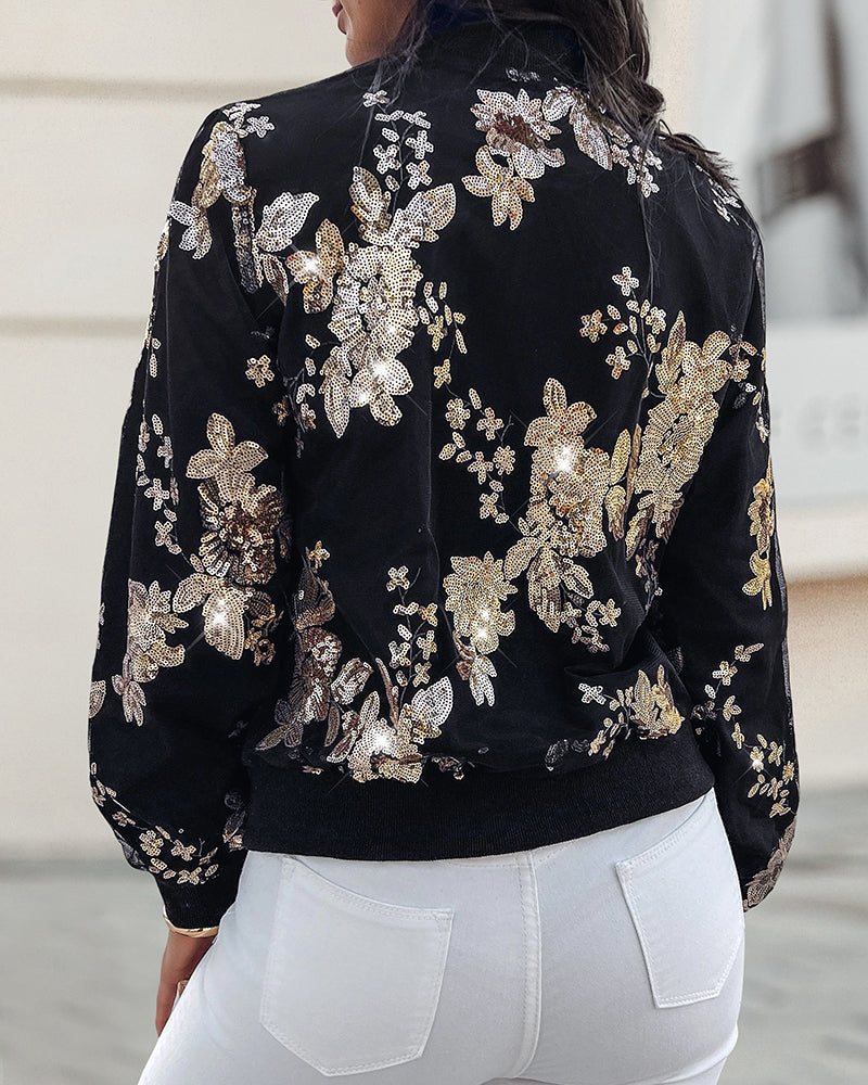 Floral Pattern Baseball Collar Long Sleeve Coat Contrast Sequin Zip Up Jacket