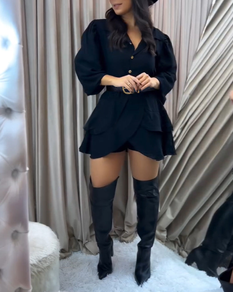 2 Pieces Outfit Notched Collar Lantern Sleeve Button Front Shirred Asymmetrical Ruffle Hem Top and Casual Elastic Waist Shorts Set With Belt