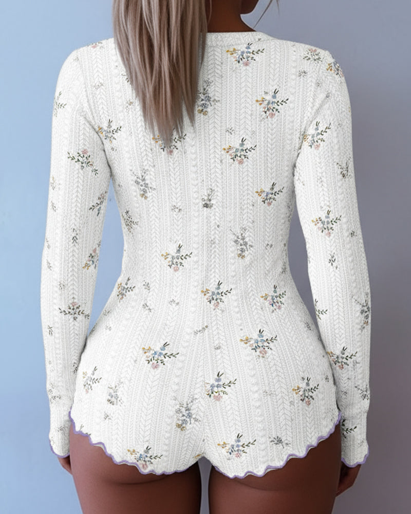 Ditsy Floral Print V-Neck Button Front Frill Trim Romper Slim Fit Jacquard Textured Onesie
