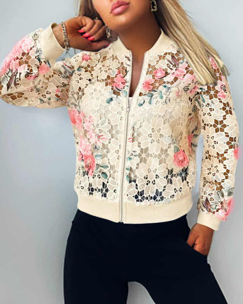 Floral Print Zip Up Water-Soluble Lace Baseball Coat Casual Hollow-out Bomber Crop Jacket