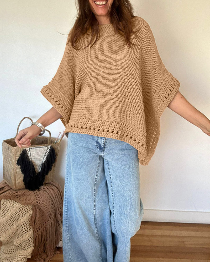 Solid Batwing Sleeve Hollow Out Crochet Pattern Top Casual Cover Up