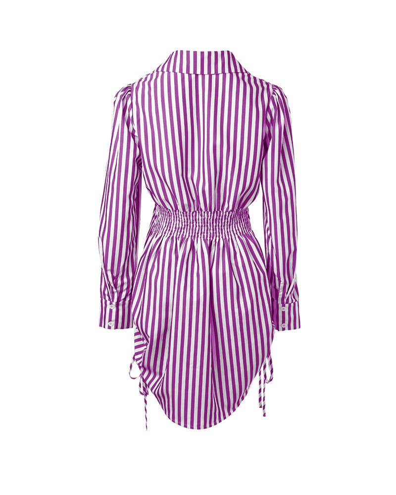 Striped Turn-down Collar Long Sleeve Dress Button Drwastring  Shirred Dress