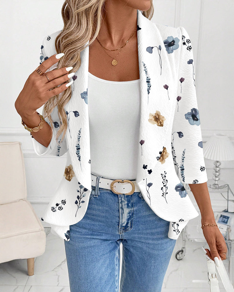 Floral Print Shawl Collar Three Quarters Sleeve Open Front Coat Casual Cinched Waist Flared Hem Blazer Coat