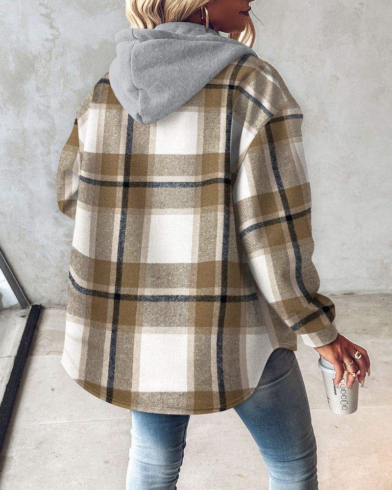 Plaid Print Button Front Pocket Design Drawstring Hoodie Jacket Casual Asymmetrical Hem Thermal Lined Shirt Coat
