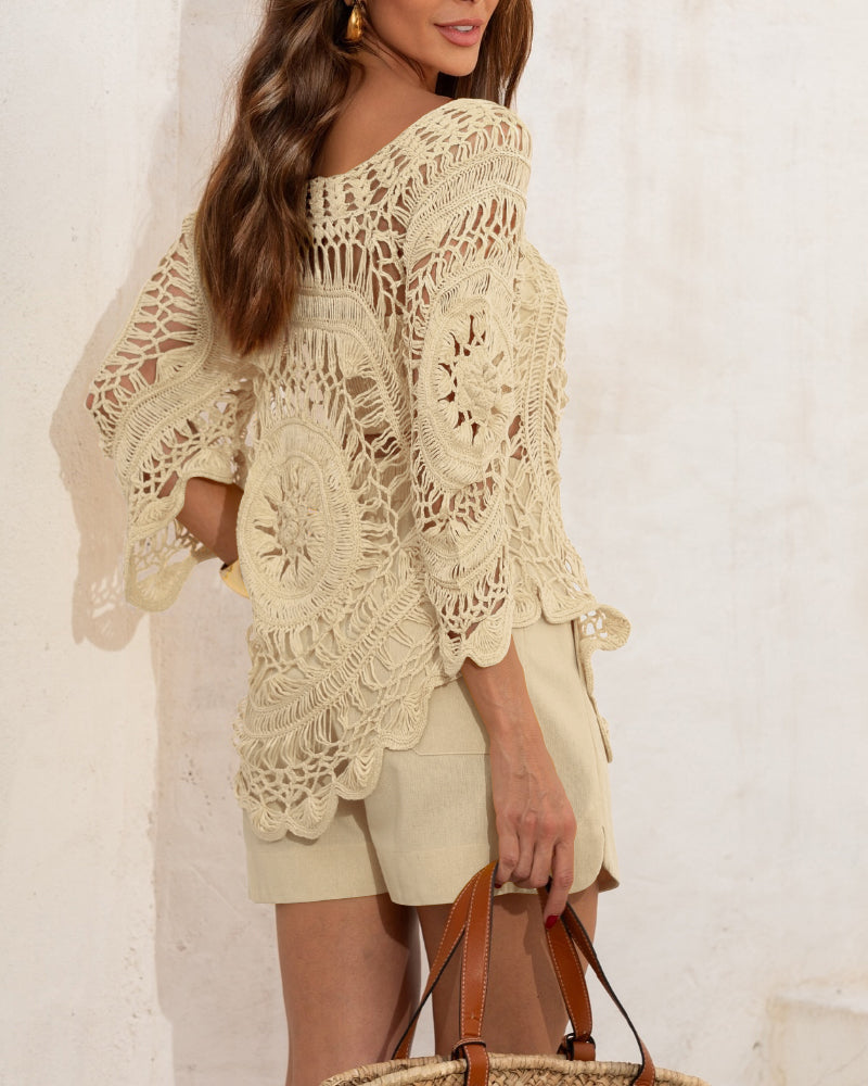 Boat Neck Batwing Sleeve Hollow-out Casual Top Asymmetrical Scallop Hem Crochet Pattern Cover Up