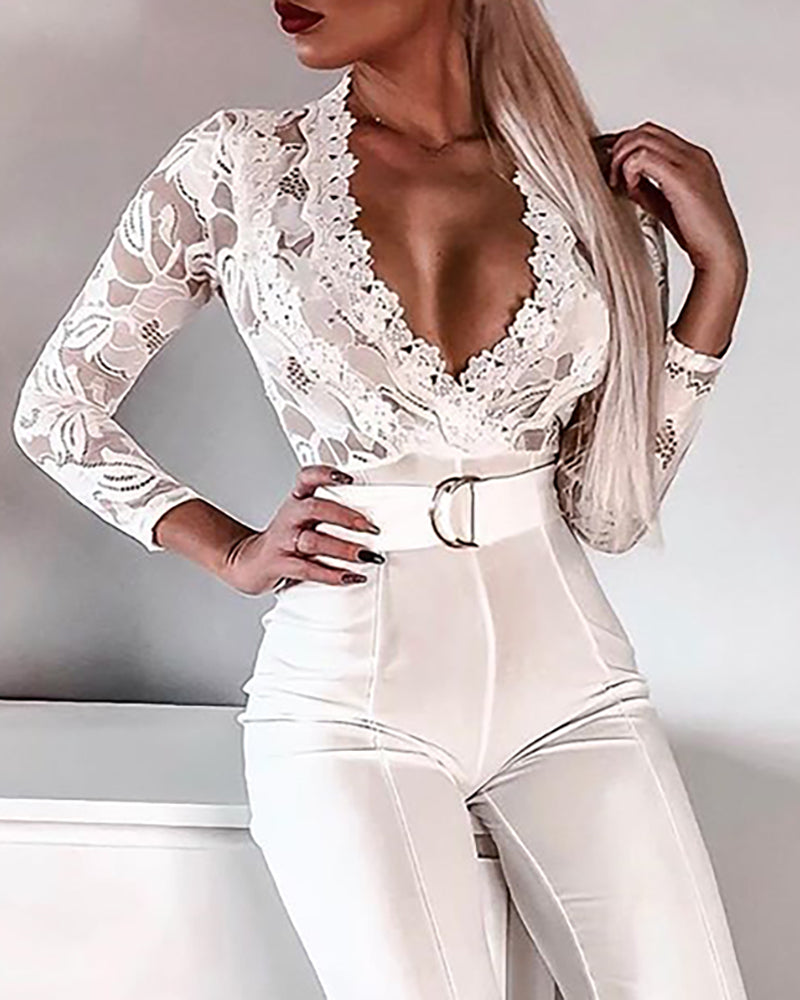 Crochet Lace Trim Deep V-Neck Floral Lace Spliced Ovearalls Casual Zipper Back Seam Front Jumpsuit with Belt