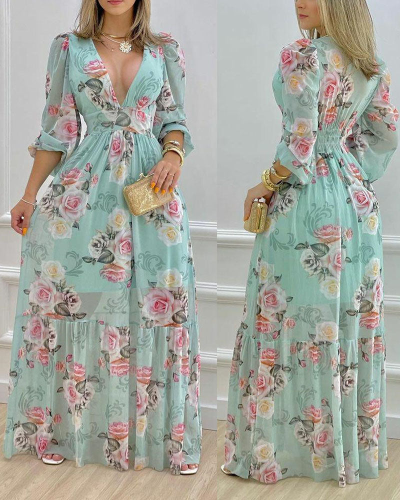 Floral Print Deep V Neck Lantern Sleeve Cinched Waist Maxi Dress Shirred Back Ruffle Hem A Line Dress