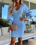 Puff Gigot Sleeve Buttoned Knit Bodycon Dress