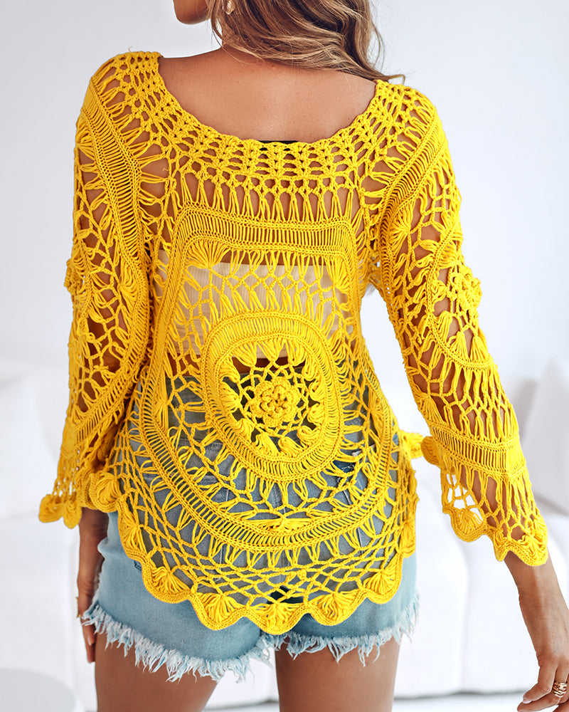 Boat Neck Batwing Sleeve Hollow-out Casual Top Asymmetrical Scallop Hem Crochet Pattern Cover Up