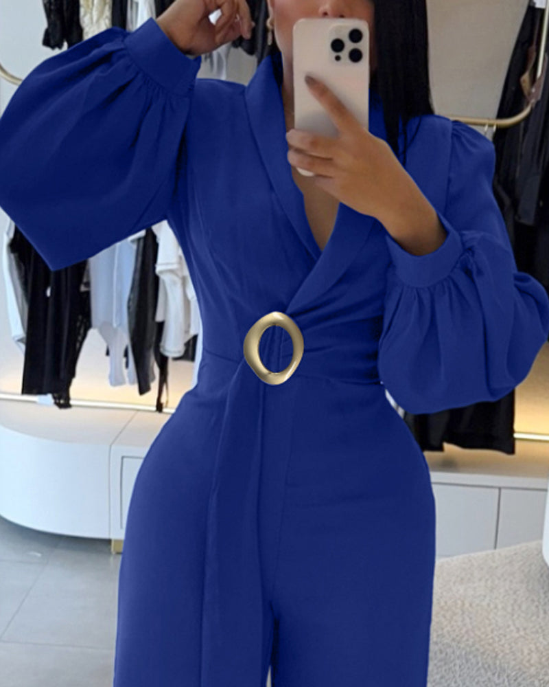 Metal Ring Decor Overlap V-Neck Lantern Sleeve Zipper Back Jumpsuit Casual Cinched Waist Wide Leg Jumpsuit