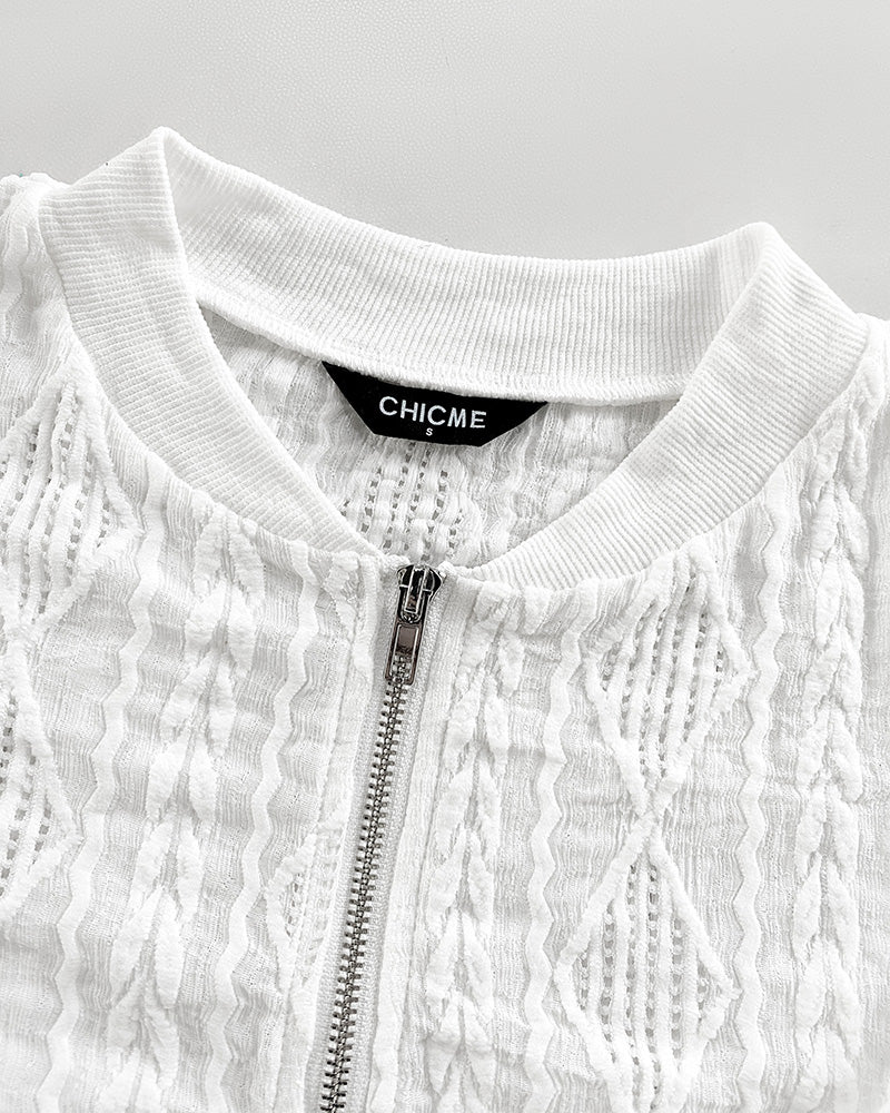 Jacquard & Diamond Pattern Design Hollow-out Lightweight Baseball Coat Casual Zip Up Bomber Jacket