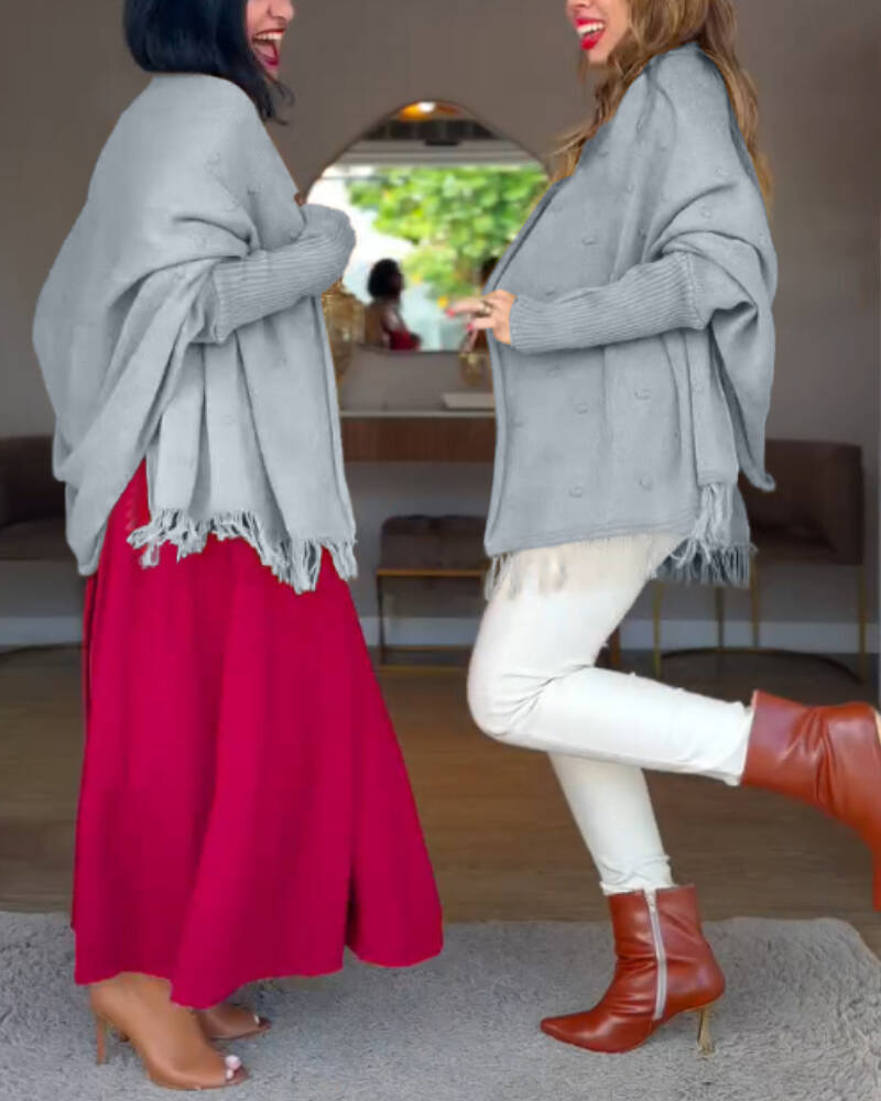 Tassel Design Long Sleeve Slit Cardigan Fashion Versatile Warm Cape Shawl