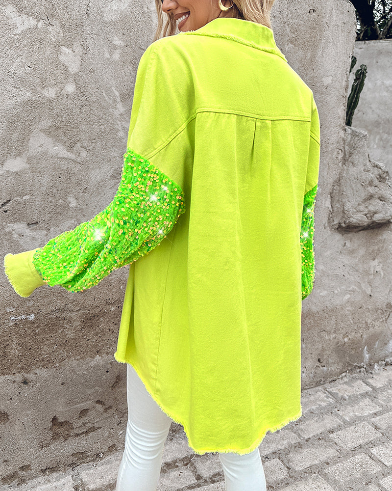 Casual Jacket Sequin Patchwork Long Sleeve Jacket Top Button Front Raw Hem Oversized Denim Shacket