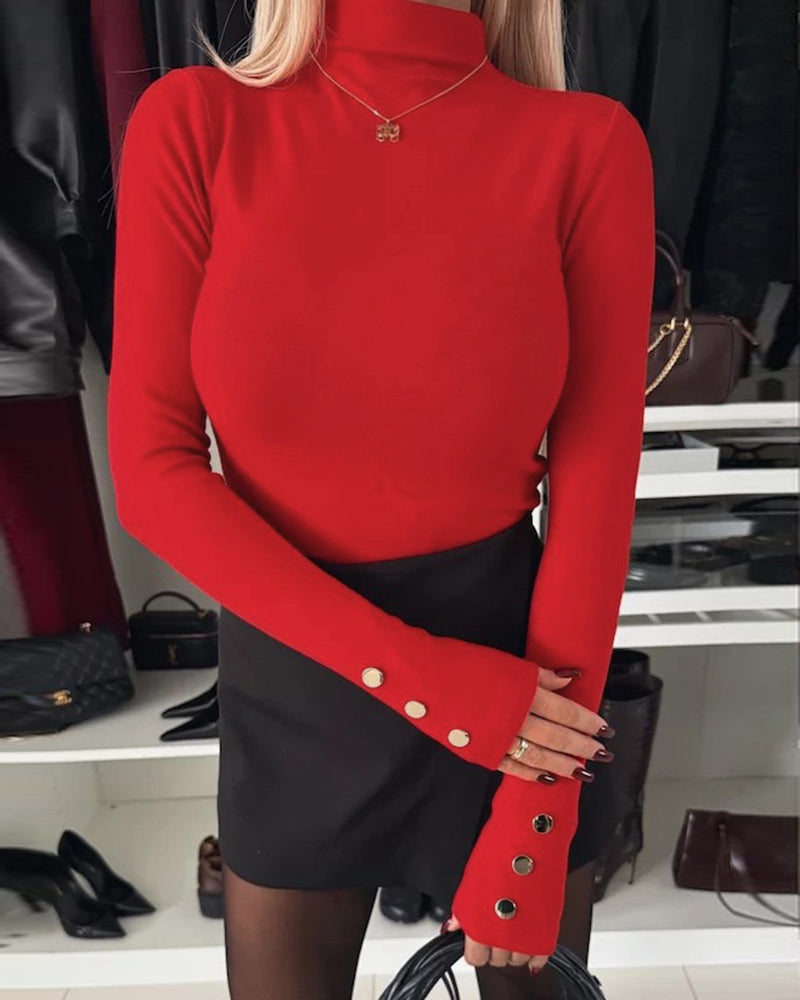 Mock Neck Long Sleeve Button Detail Tee Slim Fit Pullover Top