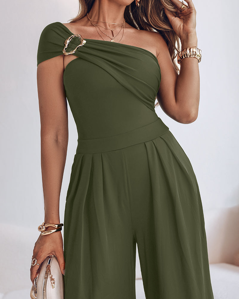 Cold Shoulder Ruched Buckle Wide Leg Jumpsuit