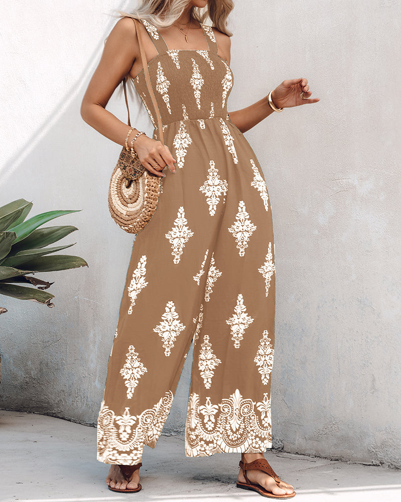 Graphic Print Square Neck Thick Strap Shirred Jumpsuit Wide Leg Overalls with Pockets