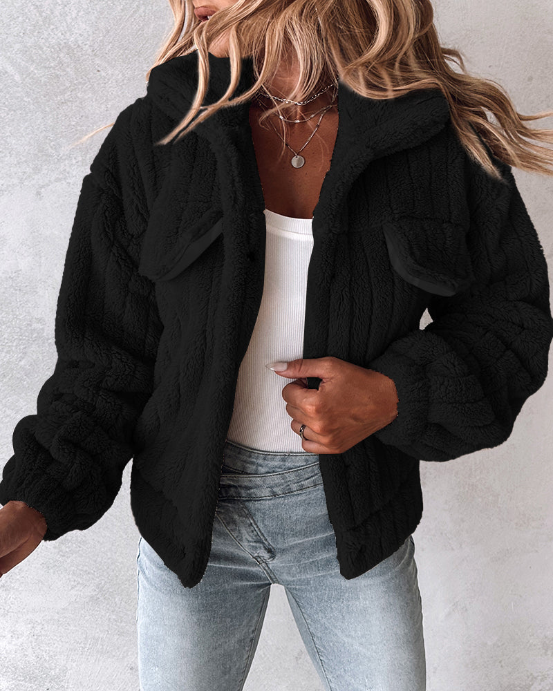 Textured Striped Turn-down Collar Button Front Elastic Cuff and Hem Teddy Fleece Jacket With Decorative Flap Pockets