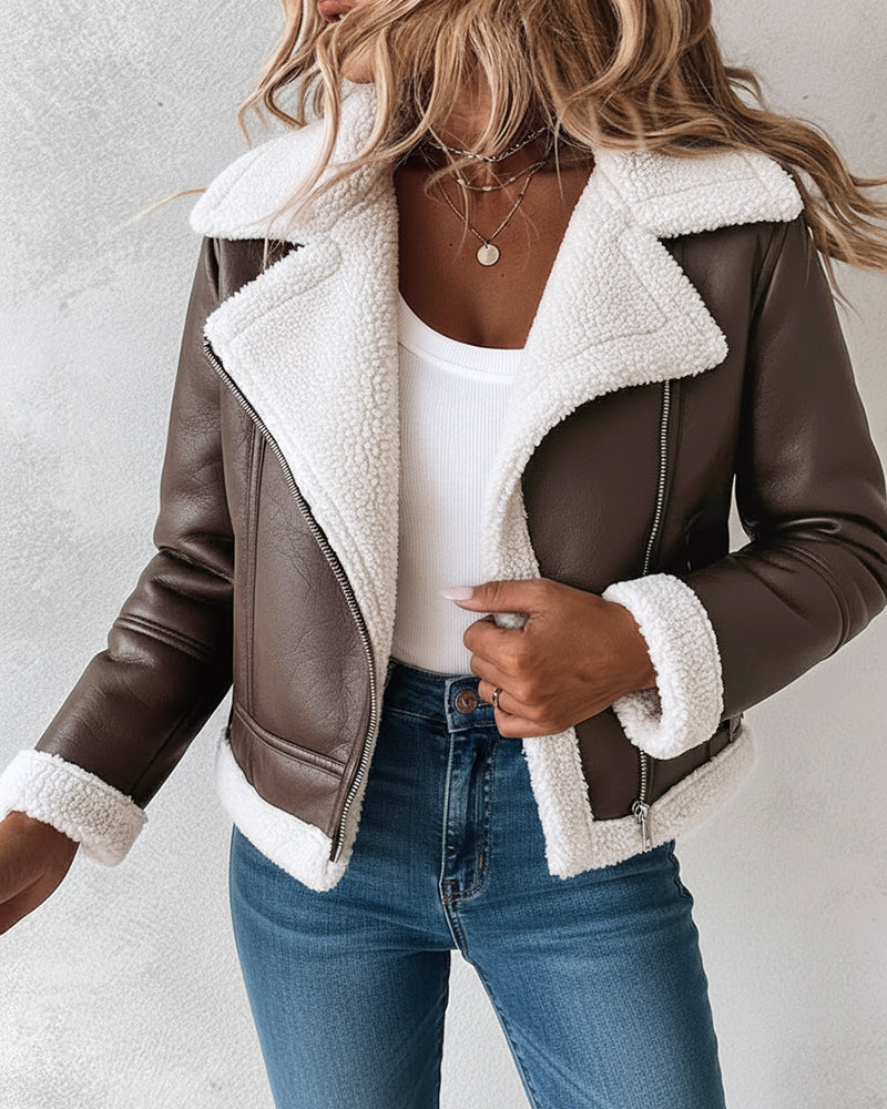 PU Leather Notched Collar Zip Up Vintage Thermal Lined Biker Jacket Faux Shearling Trim Crop Coat