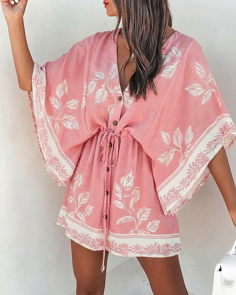 Plants Print V-Neck Bell Sleeve Button Front Mini Dress Casual Drawstring Waist Vacation Dress