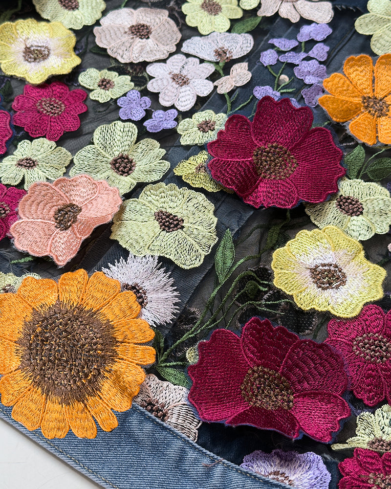 Colorblock 3D Flower Lace Embroidery Patch Denim Coat Casual Turn-down Collar Jacket