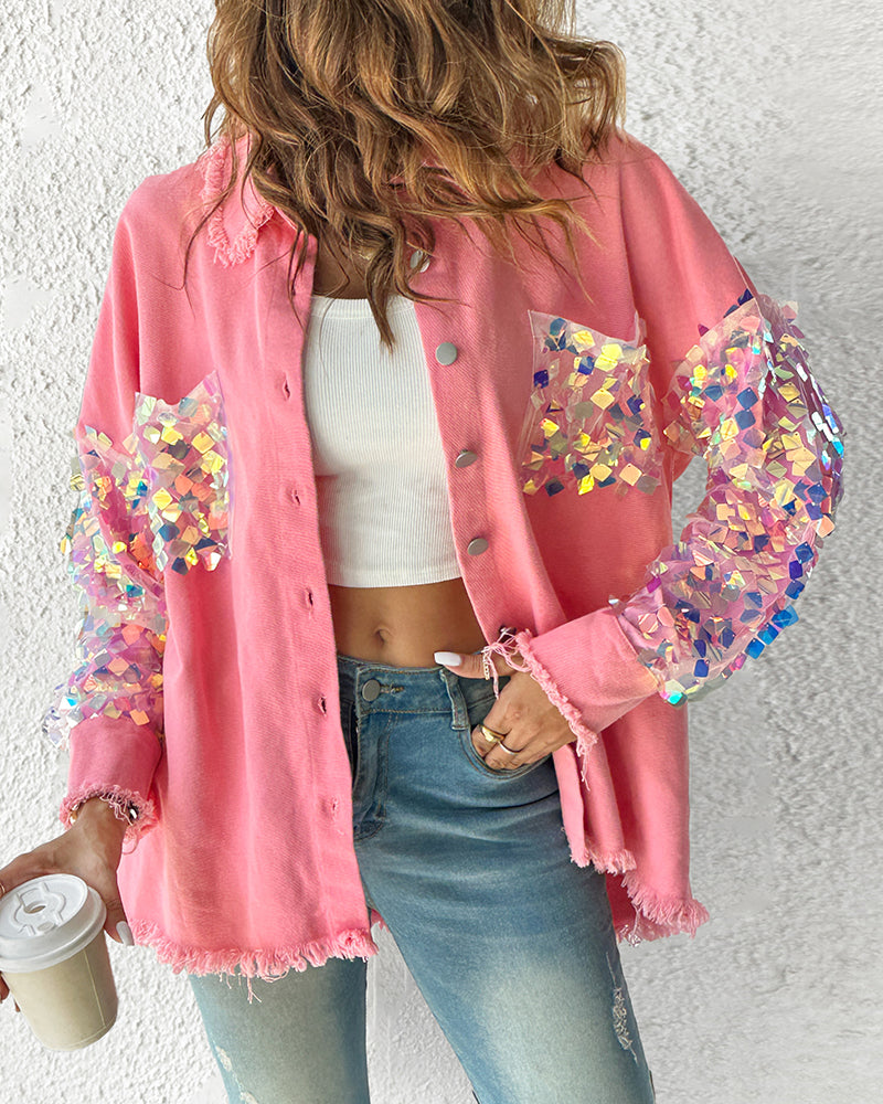Contrast Sequin Long Sleeve Jacket Top Button Front Raw Hem Loose Fit Shacket