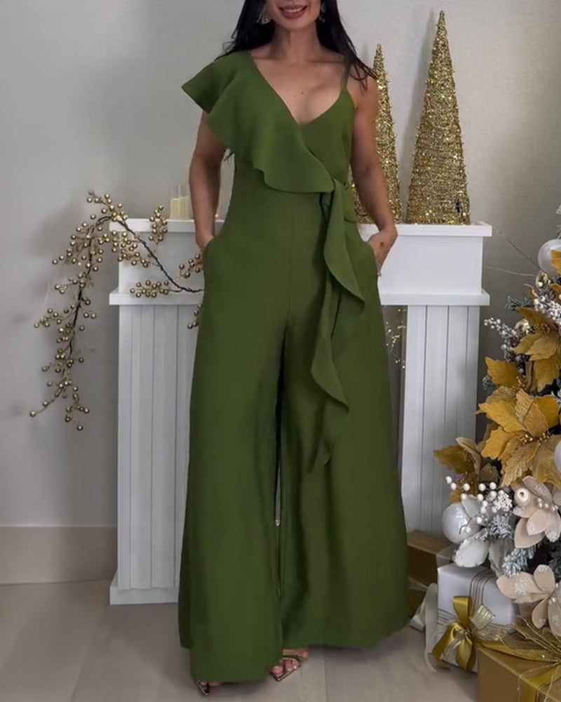 V-Neck Adjustable Spaghetti Straps Backless Overalls Casual Zipper Back Wide Leg Jumpsuit with Convertible Ruffles Tie Panel