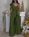 V-Neck Adjustable Spaghetti Straps Backless Overalls Casual Zipper Back Wide Leg Jumpsuit with Convertible Ruffles Tie Panel
