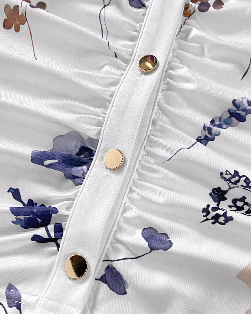 Floral Print Turn-down Collar Long Sleeve Metal Button Front Blouse Ruched Slim Fit Top
