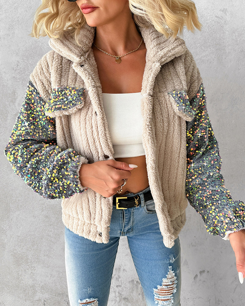 Turn-down Collar Sequin Patch Teddy Jacket