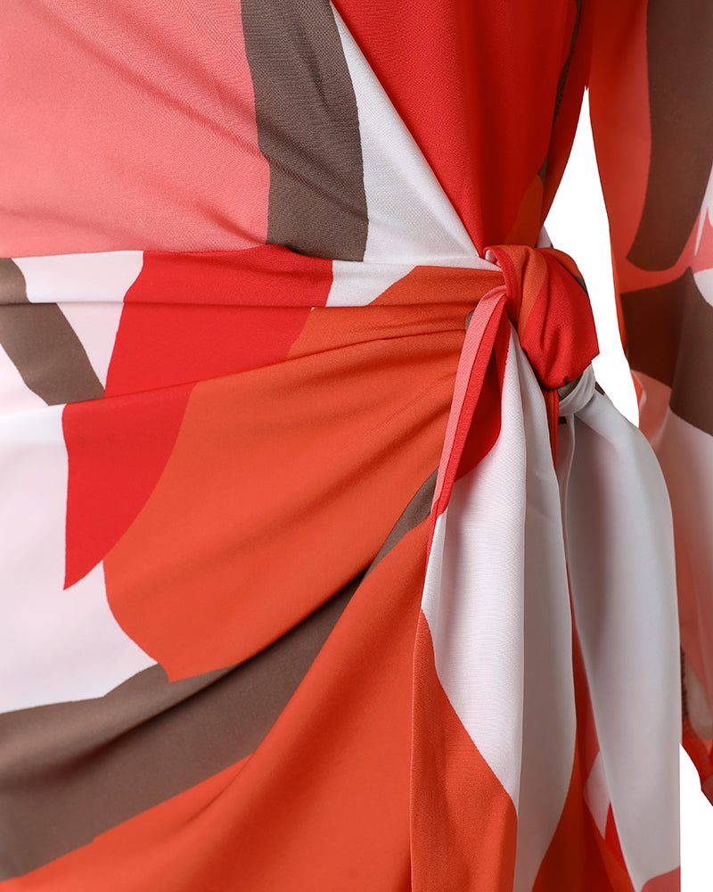 All Over Print Turn Down Collar Tied Detail Dress Casual Ruched Wrap Front Vacation Dress