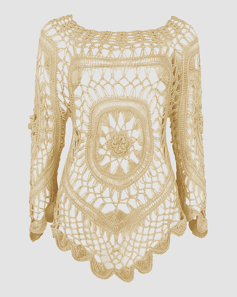 Boat Neck Batwing Sleeve Hollow-out Casual Top Asymmetrical Scallop Hem Crochet Pattern Cover Up
