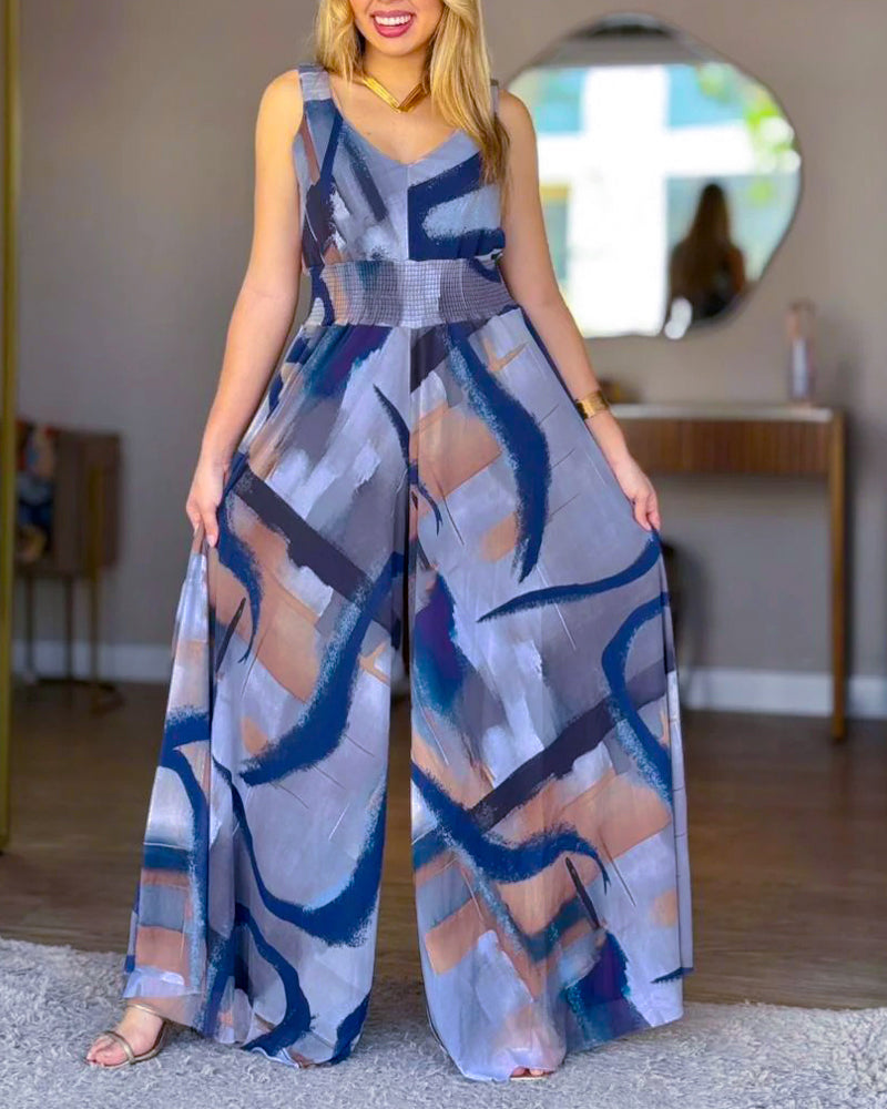Vintage Abstract Oil Painting Print V-Neck Stretchy Thick Straps High Waist Backless Overalls Casual Shirred Waist Cinched Waist Wide Leg Jumpsuit
