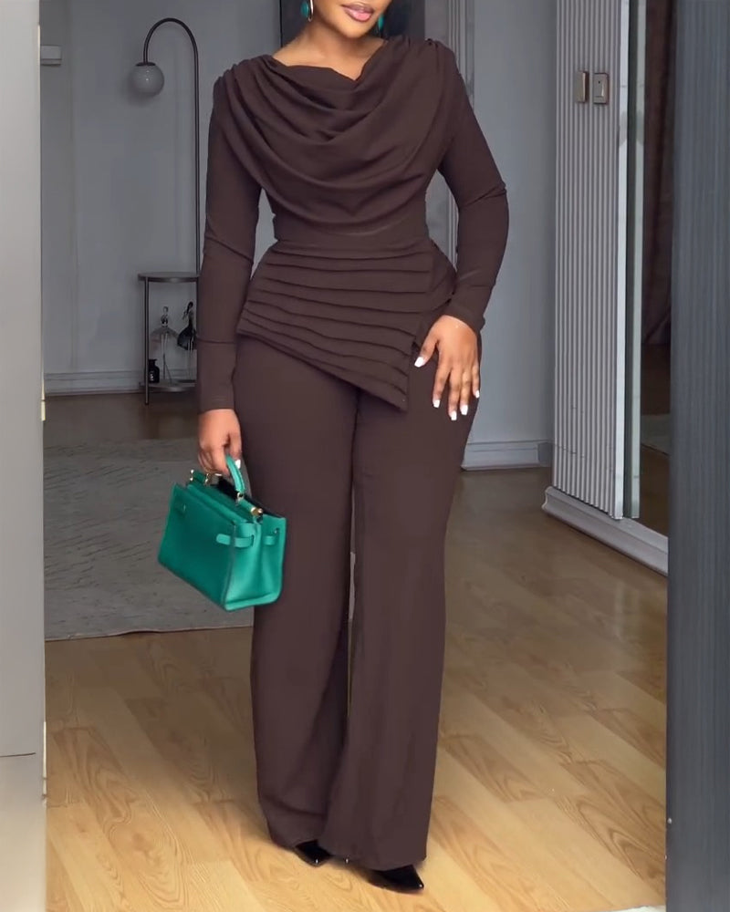 Cowl Neck Asymmetrical Textured Patchwork Cinched Waist Jumpsuit Casual Zipper Back Wide Leg Jumpsuit
