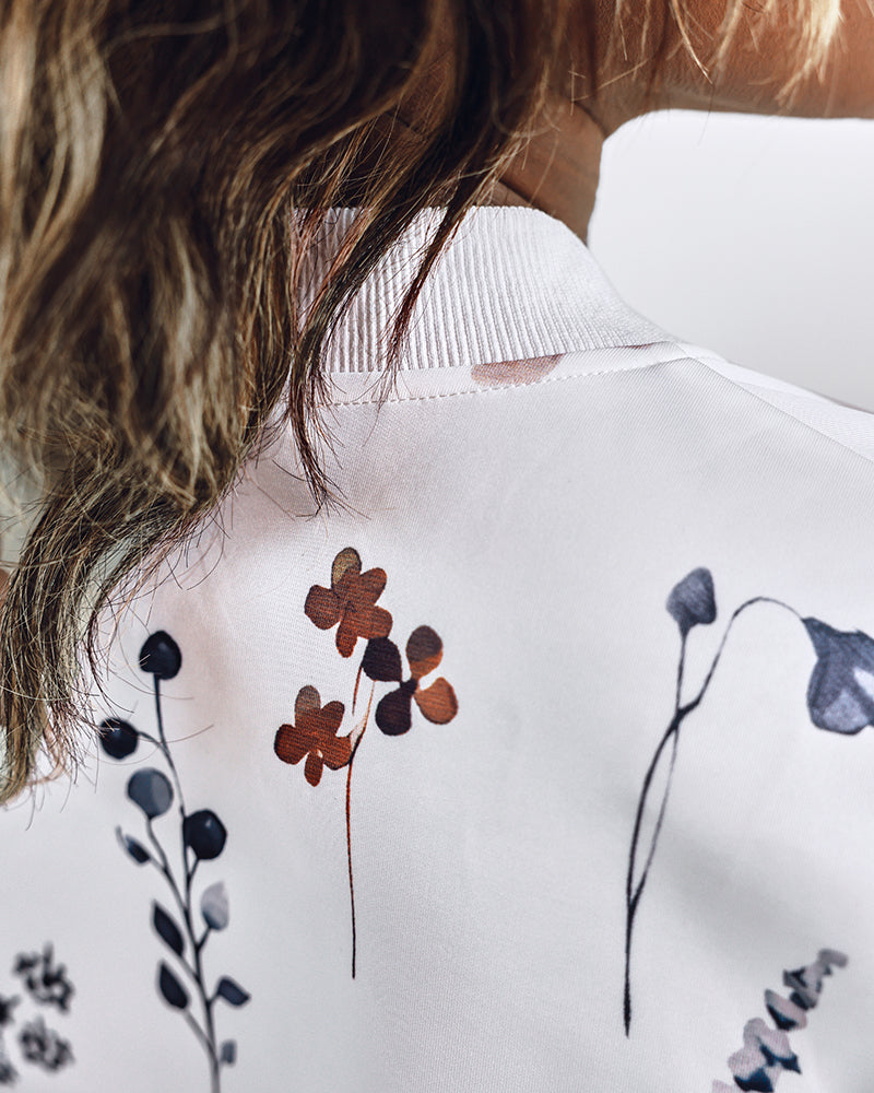 Plants Print Long Sleeve Casual Zipper Baseball Coat