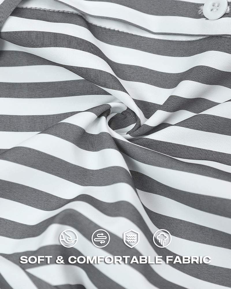 Striped Turn-down Collar Long Sleeve Dress Button Drwastring  Shirred Dress