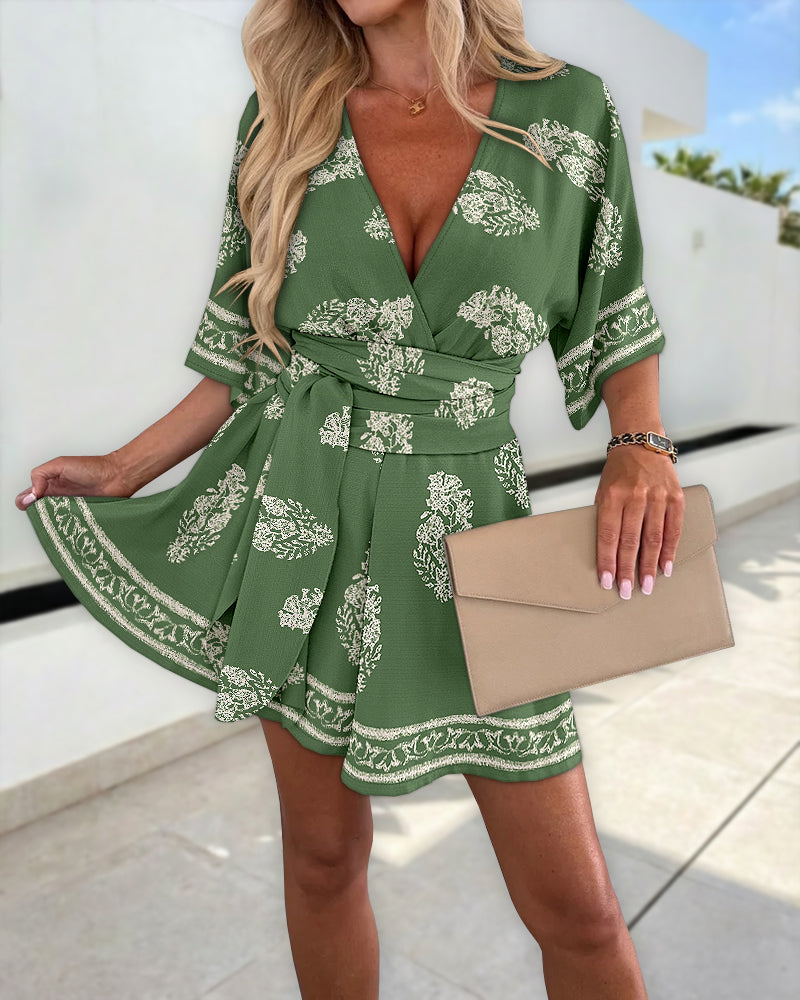 Vintage Plants Print Overlap Deep V-Neck Tie Waist Boho Romper