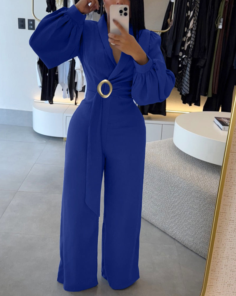 Metal Ring Decor Overlap V-Neck Lantern Sleeve Zipper Back Jumpsuit Casual Cinched Waist Wide Leg Jumpsuit