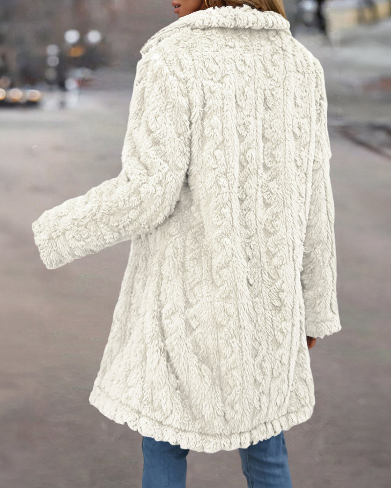 Cable Textured Lapel Neck Button Front Pocket Design Thermal Teddy Coat