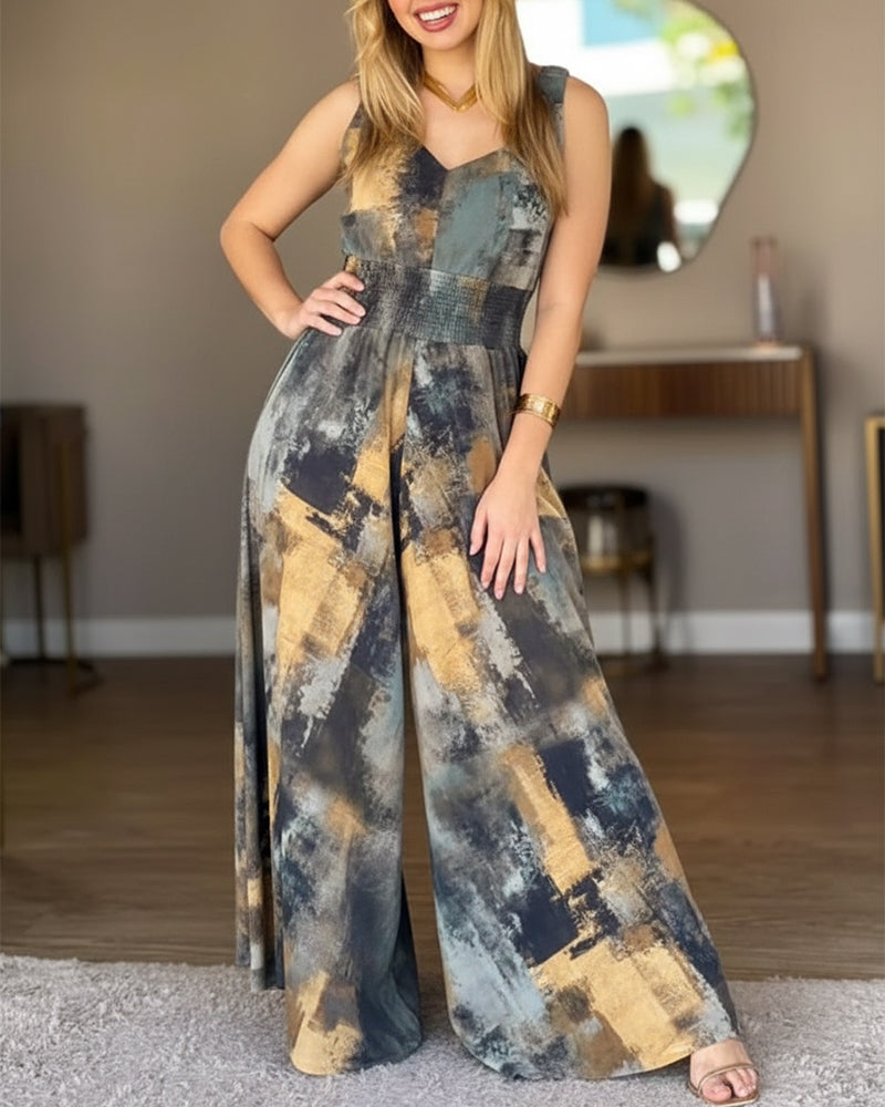 Abstract Oil Painting Print V-Neck Stretchy Thick Straps High Waist Backless Overalls Casual Shirred Waist Cinched Waist Wide Leg Jumpsuit